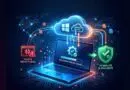Futuristic laptop connected to a glowing cloud with 'restauration en cours…' and a red 'pilote défectueux' alert, plus a green security shield.