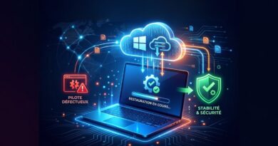 Futuristic laptop connected to a glowing cloud with 'restauration en cours…' and a red 'pilote défectueux' alert, plus a green security shield.