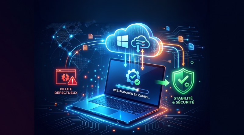 Futuristic laptop connected to a glowing cloud with 'restauration en cours…' and a red 'pilote défectueux' alert, plus a green security shield.