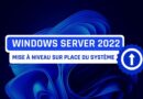 Banner announcing Windows Server 2022 on-site system upgrade, with a blue gear and upward arrow on a dark blue background.