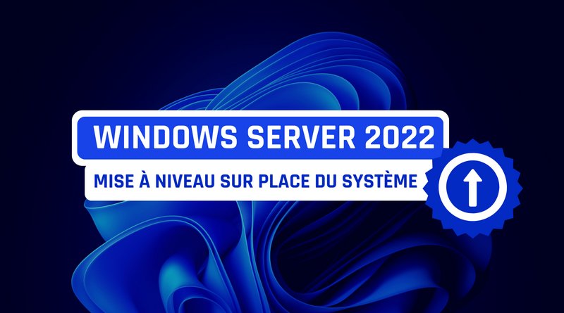 Banner announcing Windows Server 2022 on-site system upgrade, with a blue gear and upward arrow on a dark blue background.