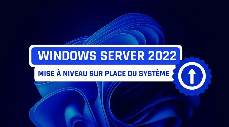 Banner announcing Windows Server 2022 on-site system upgrade, with a blue gear and upward arrow on a dark blue background.