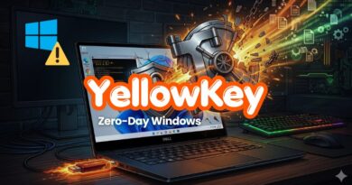Laptop on a dark desk with fiery cyber effects and a vault exploding, overlaid with 'YellowKey Zero-Day Windows' text indicating a Windows exploit concept