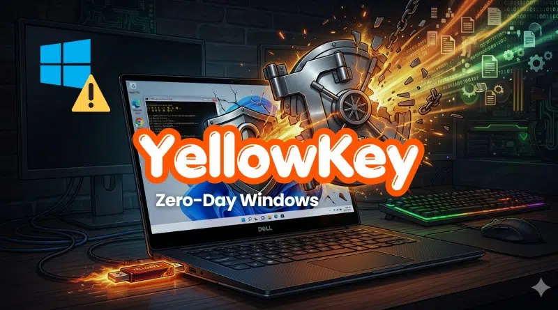 Laptop on a dark desk with fiery cyber effects and a vault exploding, overlaid with 'YellowKey Zero-Day Windows' text indicating a Windows exploit concept