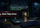 Dark server room scene with a laptop showing a terminal, a hand reaching toward a drive, and a prominent 'Zero-Day Linux' banner with a warning icon; Tux the penguin sits nearby.