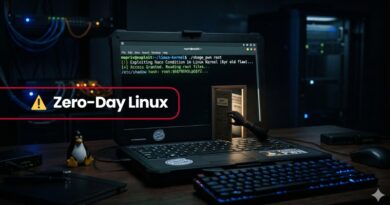 Dark server room scene with a laptop showing a terminal, a hand reaching toward a drive, and a prominent 'Zero-Day Linux' banner with a warning icon; Tux the penguin sits nearby.