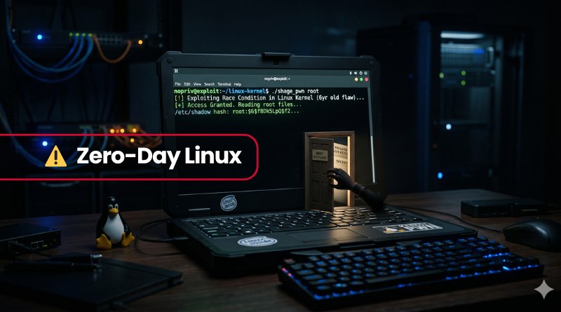 Dark server room scene with a laptop showing a terminal, a hand reaching toward a drive, and a prominent 'Zero-Day Linux' banner with a warning icon; Tux the penguin sits nearby.