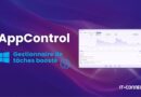 AppControl branding with bold title, blue 'Gestionnaire de tâches boosté' text, Windows icon, and a UI screenshot on a purple background.