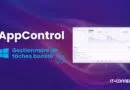 AppControl branding with bold title, blue 'Gestionnaire de tâches boosté' text, Windows icon, and a UI screenshot on a purple background.
