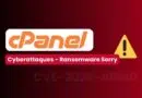 cPanel logo with a yellow warning triangle and red banner reading 'Cyberattaques – Ransomware Sorry' over a dark red gradient, CVE-2026-41940