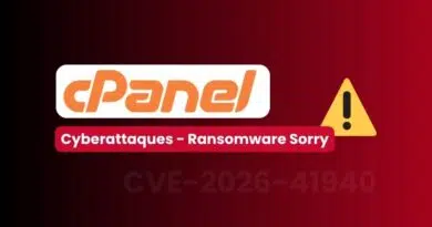 cPanel logo with a yellow warning triangle and red banner reading 'Cyberattaques – Ransomware Sorry' over a dark red gradient, CVE-2026-41940