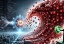 Abstract AI concept: glowing neural network forming near a city, data streams flowing toward a red wave of cybersecurity icons and CVE blocks, with a shielded IT defender.