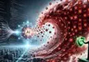 Abstract AI concept: glowing neural network forming near a city, data streams flowing toward a red wave of cybersecurity icons and CVE blocks, with a shielded IT defender.