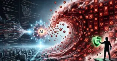 Abstract AI concept: glowing neural network forming near a city, data streams flowing toward a red wave of cybersecurity icons and CVE blocks, with a shielded IT defender.