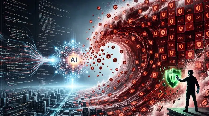 Abstract AI concept: glowing neural network forming near a city, data streams flowing toward a red wave of cybersecurity icons and CVE blocks, with a shielded IT defender.