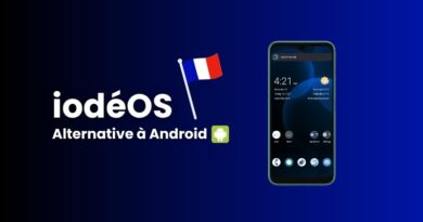 iodéOS logo with a French flag and the text 'Alternative à Android' beside a smartphone on a blue gradient background