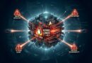 Futuristic 3D Linux kernel cube with warning markers for detected failure, bug report, scan alert, and critical vulnerability.