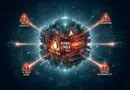 Futuristic 3D Linux kernel cube with warning markers for detected failure, bug report, scan alert, and critical vulnerability.