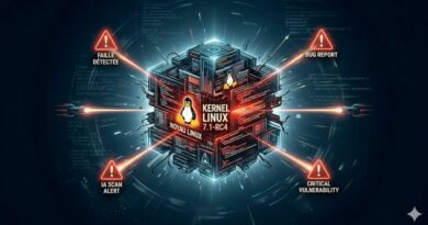 Futuristic 3D Linux kernel cube with warning markers for detected failure, bug report, scan alert, and critical vulnerability.