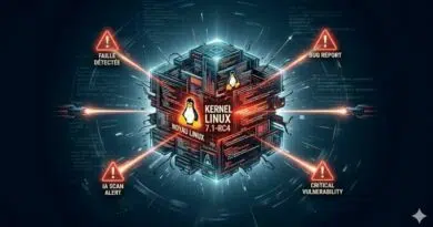 Futuristic 3D Linux kernel cube with warning markers for detected failure, bug report, scan alert, and critical vulnerability.