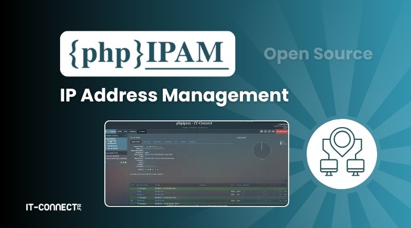 phpIPAM Open Source IP Address Management banner with a UI screenshot and a circular network icon on a blue gradient background.