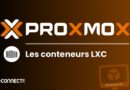 Proxmox slide showing the logo and the title 'Les conteneurs LXC' with IT-Connect branding on a brown gradient background.