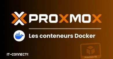 Proxmox banner showing the Proxmox logo and the title 'Les conteneurs Docker' with the Docker symbol on a brown gradient background (includes IT-Connect.fr watermark and Proxmox VE icon).