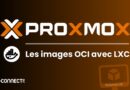 Proxmox banner featuring the logo and the text “Les images OCI avec LXC” on a brown gradient background with a circular ship icon to the left of the subtitle.