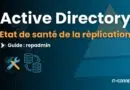 Cover slide for a guide about Active Directory replication health, with a wrench and database icons on a blue gradient background.
