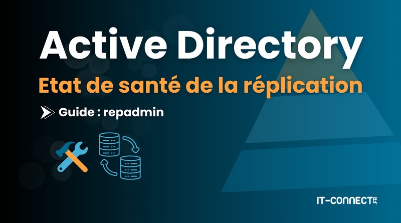 Cover slide for a guide about Active Directory replication health, with a wrench and database icons on a blue gradient background.