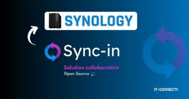 Banner featuring Synology logo and the word Sync-in, indicating a collaboration/Open Source IT solution by IT-CONNECT/Sync-in branding.