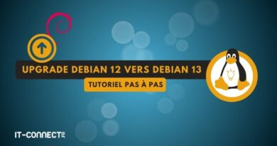 Banner announcing a step-by-step tutorial to upgrade Debian from 12 to 13, featuring the Tux penguin logo and IT-CONNECT branding.