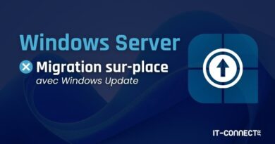 Blue gradient banner advertising Windows Server migration on-site with Windows Update, featuring a circular upload icon and IT-Connect logo.