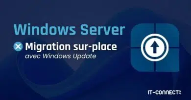 Blue gradient banner advertising Windows Server migration on-site with Windows Update, featuring a circular upload icon and IT-Connect logo.