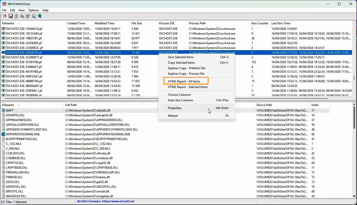 WinPrefetchView HTML report