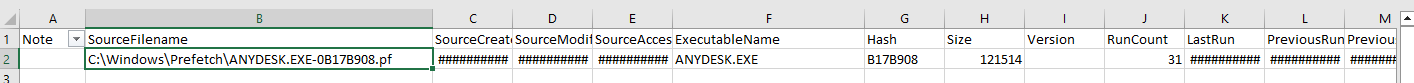 CSV file containing the main information from the analyzed file
