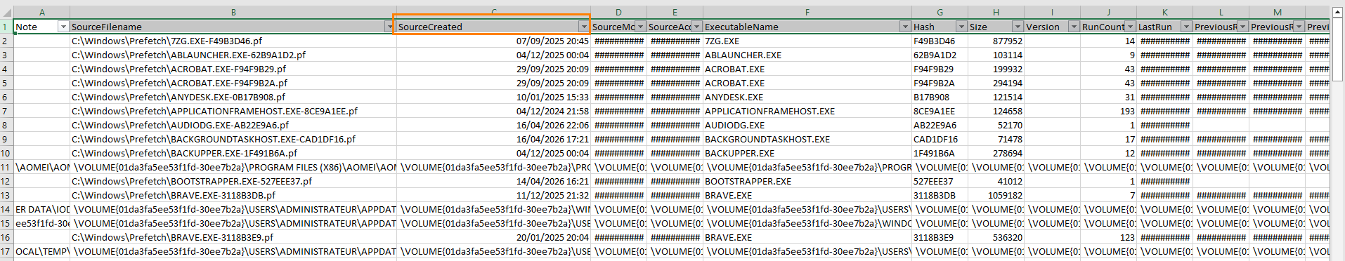 PECmd report opened in Excel