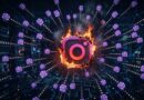 The Instagram logo enclosed in flames at the center, surrounded by purple message icons in a digital network.