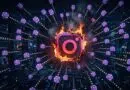 The Instagram logo enclosed in flames at the center, surrounded by purple message icons in a digital network.