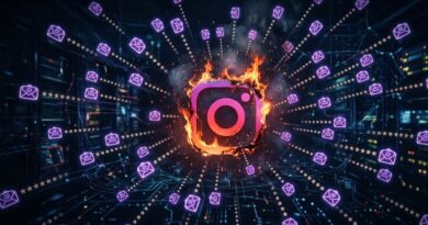 The Instagram logo enclosed in flames at the center, surrounded by purple message icons in a digital network.