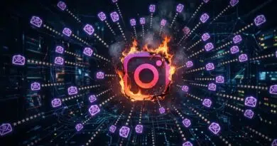 Instagram Accounts Compromised After Meta Support Tool Flaw Exposes Password Reset Links The Instagram logo enclosed in flames at the center, surrounded by purple message icons in a digital network.