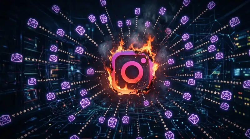 The Instagram logo enclosed in flames at the center, surrounded by purple message icons in a digital network.