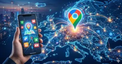 Hand holding a smartphone showing map icons as glowing routes over a world map with a bright location pin in the center.