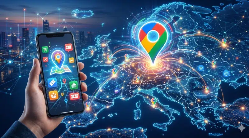 Hand holding a smartphone showing map icons as glowing routes over a world map with a bright location pin in the center.