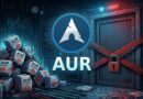 Illustration of a vault door chained shut beside a pile of AUR package boxes, with the AUR logo in the center.