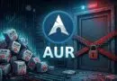 Illustration of a vault door chained shut beside a pile of AUR package boxes, with the AUR logo in the center.