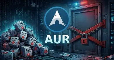 Illustration of a vault door chained shut beside a pile of AUR package boxes, with the AUR logo in the center.