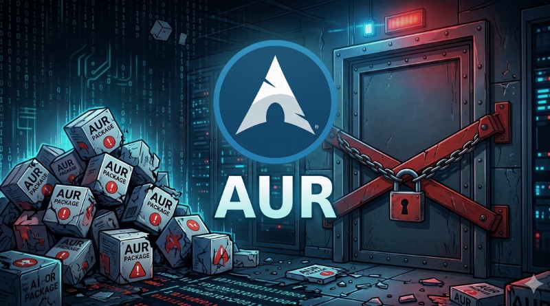 Illustration of a vault door chained shut beside a pile of AUR package boxes, with the AUR logo in the center.