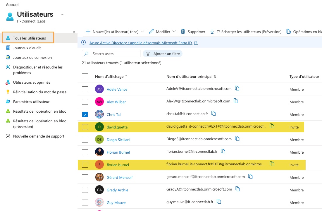 Azure AD administration page showing the list of all users with columns for Display Name, User Principal Name and user type (Member/Guest), with yellow-highlighted entries for selected guests or those awaiting invitation response.