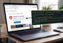 Laptop displaying a Chrome Web Store page for Adblock for YouTube with a dark security alert overlay about code injection in French.